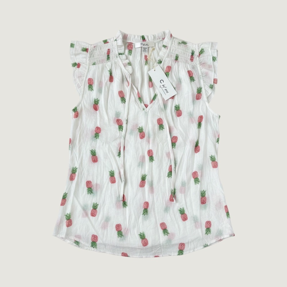 C by One White Pineapple Print Ruffle V-Neck Sleeveless Blouse Size XS